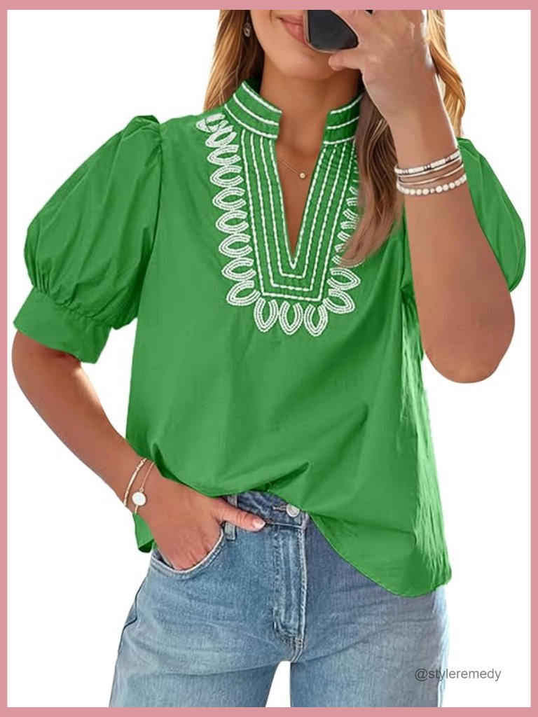 Puff Short Sleeve Embroidered V Neck Blouse Loose Fit Casual Summer Top
